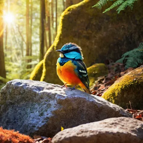 A colorful bird sitting on a rock in a sunny forest,<lora:HMSGé¸ç±»æå½±XL-000001:1>,