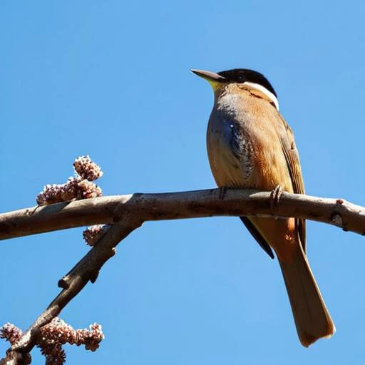 A beautiful bird on a branch against a backdrop of a clear blue sky,<lora:HMSGé¸ç±»æå½±XL-000001:0.1>,