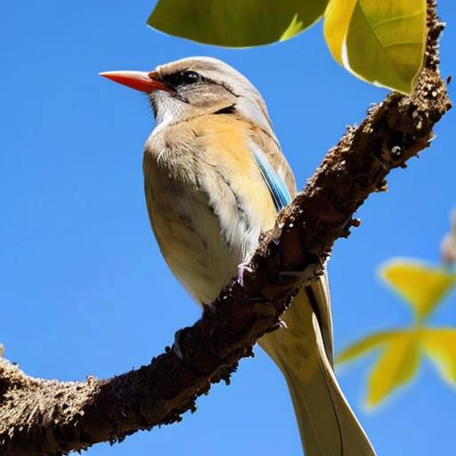 A beautiful bird on a branch against a backdrop of a clear blue sky,<lora:HMSGé¸ç±»æå½±XL-000001:0.1>,