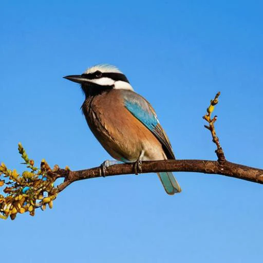 A beautiful bird on a branch against a backdrop of a clear blue sky,<lora:HMSGé¸ç±»æå½±XL-000001:0.1>,