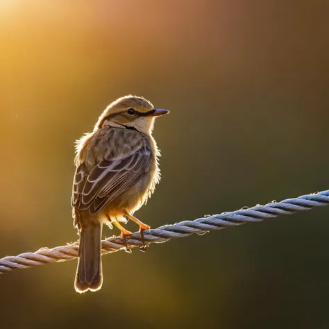 there is a small bird sitting on a wire with the sun shining