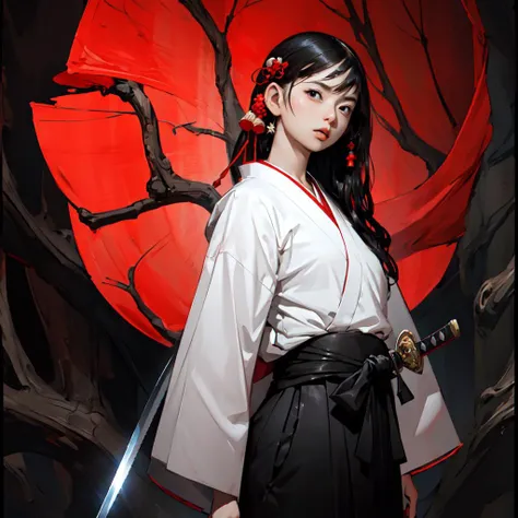 Best quality,masterpiece,ultra high res,(photorealistic:1.4)1girl,japanese girl,weapon,sword,japanese clothes,long hair,black hair,hakama,floating hairfull body,detailed face, asuka, ((upper body)), <lora:asuka:1>, <lora:wuxia:0.7>