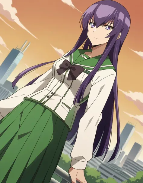 (masterpiece, best quality), 1girl, 22 years old,   <lora:saekobusujimatest:1> saeko busujima, long hair, purple hair, (purple eyes:1.1), hair between eyes,, skirt, long sleeves, bow, school uniform, serafuku, green skirt,,