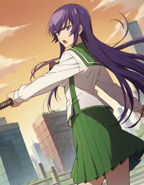 score_9, score_8_up, score_7_up, source_anime,
saekobusujima, <lora:saeko-busujima-ponyxl-lora-nochekaiser:1>,
saeko busujima, long hair, purple hair, purple eyes, hair between eyes,
skirt, long sleeves, bow, school uniform, serafuku, green skirt,
outdoors, cityscape, zombies, orange sky,
looking at viewer, dutch angle, fighting stance, sword, weapon, holding weapon, shouting,