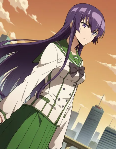 score_9, score_8_up, score_7_up, source_anime,
saekobusujima, <lora:saeko-busujima-ponyxl-lora-nochekaiser:1>,
saeko busujima, long hair, purple hair, purple eyes, hair between eyes,
skirt, long sleeves, bow, school uniform, serafuku, green skirt,
outdoors, cityscape, zombies, orange sky,
looking at viewer, dutch angle,