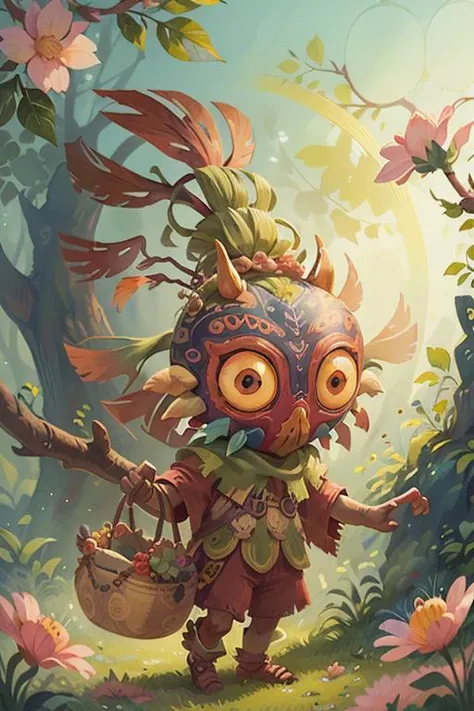 ((masterpiece)) ((cute)), skull kid, mask only, ((inside woven basket)), flowers around, cherry blossoms, cute ((big eyes)), IrisCompiet style, ((watercolor)) painting, (((sticker))), (((circle background))), ((solo)) <lora:IrisCompietStyle:1> <lora:COOLKIDS_MERGE_V2.5:0.75> <lora:SkullKid:0.8>