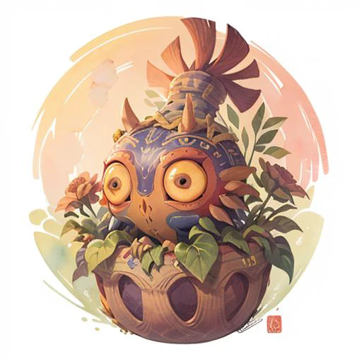 ((masterpiece)) ((cute)) Skull kid, ((no humans)), ((inside woven basket)), flowers around, cute ((big eyes)), IrisCompiet style, ((watercolor)) painting, ((sticker)), ((circle background)), ((solo)) <lora:IrisCompietStyle:1> <lora:COOLKIDS_MERGE_V2.5:0.6> <lora:SkullKid:0.9>