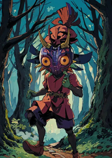 masterpiece, best quality, 1boy, Skull ???, Forest background, dark, misty,  full body<lora:[P]-SkullKid:1>,  <lora:studioGhibliStyle_offset:1>