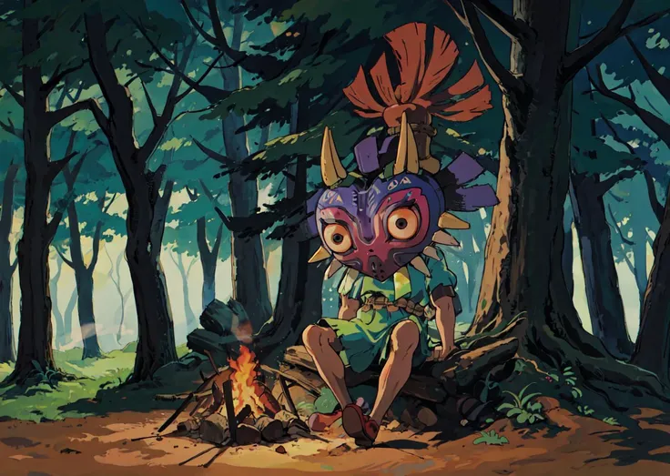 masterpiece, best quality, 1boy, Skull ???, Forest background, dark, misty,  full body<lora:[P]-SkullKid:1>, sitting at a camp fire <lora:studioGhibliStyle_offset:1>