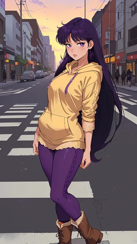 masterpiece, best quality, 1girl, solo, facing viewer, (art by Naoko Takeuchi), <lora:EPsmSailorMars-08:0.7>,EPsmSailorMars, purple eyes, purple hair, very long hair, (Aran sweater hoodie with leggings and chunky lace-up boots:1.2), crosswalk, evening