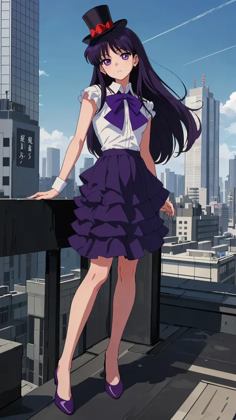 masterpiece, best quality, 1girl, solo, facing viewer, (art by Naoko Takeuchi), <lora:EPsmSailorMars-08:0.7>,EPsmSailorMars, purple eyes, purple hair, very long hair
triangles, rooftop, tokyo \(city\), building, skyscraper, day, arm at side, collared shirt, layered skirt, top hat, bulb_toe_shoes, sad