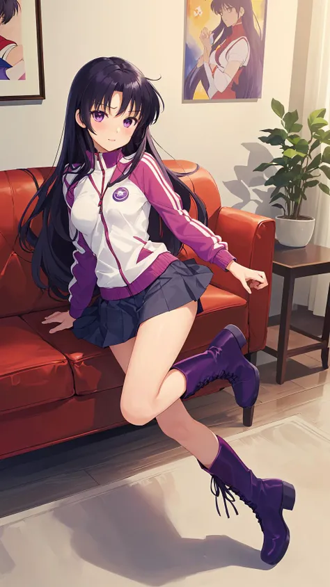 masterpiece, best quality, 1girl, solo, facing viewer, (art by Naoko Takeuchi), <lora:EPsmSailorMars-08:0.7>,EPsmSailorMars, purple eyes, purple hair, very long hair
bust chart, living room, couch, dusk, arm support, track jacket, pleated skirt, running boards, platform boots, nervous