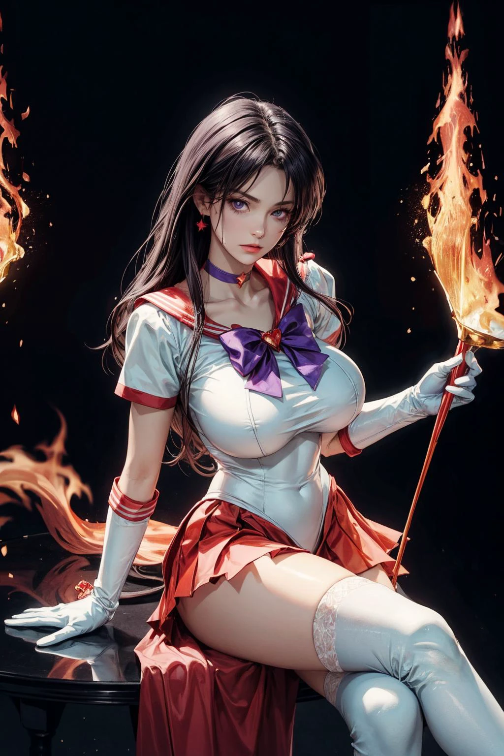 (ultra realistic,32k, masterpiece:1.2),(high detailed skin:1.1),( high quality:1.1),
[<lora:FireElement_concept:0.4>FireFull, girl by FireFull, (fire skin:2):<lora:EPsmSailorMars:0.8>EPsmSailorMars,1girl, solo,bishoujo senshi sailor moon Mars-08:1.0>,(purple eyes:0.7), purple hair, very long hair, bow, bowtie, purple bow, purple bowtie, breasts, brooch, choker, elbow gloves, gem, gloves, heart, heart brooch,jewelry,red bow, red choker, red gemstone, red sailor collar, shirt, short sleeves, star (symbol), star choker, white gloves, white leotard, white shirt,leotard, miniskirt, pleated skirt, red skirt, thighhighs:10],(looking at viewer, sitting, crossed legs, from above:1.1),, (huge breast, large breast:1.4),<lora:add_detail:0.94>,
(moody lighting:1.1),Hellfire  starfall sanctuary, celestial realm, shimmering constellations, ethereal beauty, (fire, fireball:1.2),  blurry background,   outside