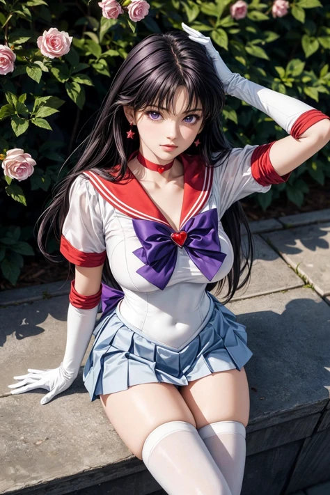 (ultra realistic,32k, masterpiece:1.2),(high detailed skin:1.1),( high quality:1.1),
<lora:EPsmSailorMars:0.8>EPsmSailorMars,1girl, solo,bishoujo senshi sailor moon Mars-08:1.0>,(purple eyes:0.9), purple hair, very long hair, bow, bowtie, purple bow, purple bowtie, breasts, brooch, choker, elbow gloves, gem, gloves, heart, heart brooch,jewelry,red bow, red choker, red gemstone, red sailor collar, shirt, short sleeves, star (symbol), star choker, white gloves, white leotard, white shirt,leotard, miniskirt, pleated skirt, red skirt, thighhighs,(looking at viewer, sitting, from above:1.1),, (huge breast, large breast:1.1),<lora:add_detail:0.76>,
(soft shaded:1.1), outside ,castle garden,flower garden, flowers, blurry background,