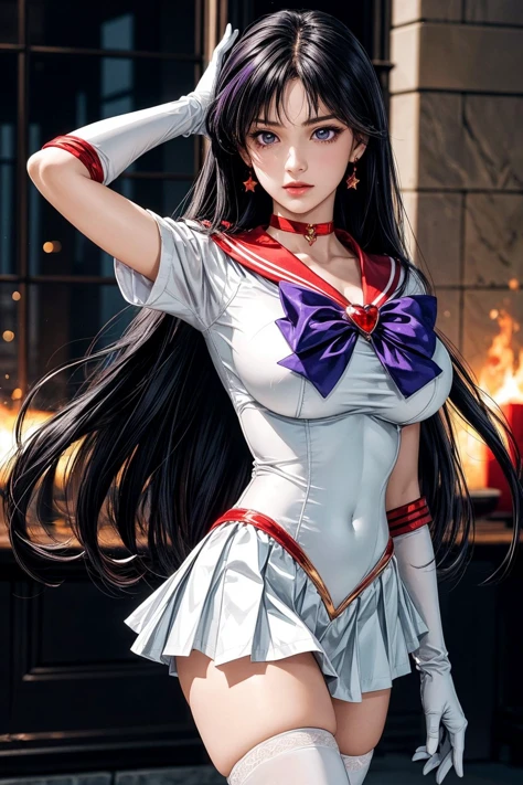 (ultra realistic,32k, masterpiece:1.2),(high detailed skin:1.1),( high quality:1.1),
<lora:EPsmSailorMars:0.8>EPsmSailorMars,1girl, solo,bishoujo senshi sailor moon Mars-08:1.0>,(purple eyes:0.7), purple hair, very long hair, bow, bowtie, purple bow, purple bowtie, breasts, brooch, choker, elbow gloves, gem, gloves, heart, heart brooch,jewelry,red bow, red choker, red gemstone, red sailor collar, shirt, short sleeves, star (symbol), star choker, white gloves, white leotard, white shirt,leotard, miniskirt, pleated skirt, red skirt, thighhighs,fighting stance pose, (huge breast, large breast:1.2),<lora:add_detail:1>,
(glowwave:1.1),Hellfire enchanted elysium, magical gardens, eternal bliss, realm of enchantment and harmony, fire pillar, blurry background, outside