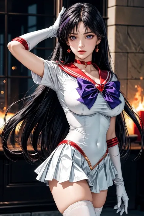 (ultra realistic,32k, masterpiece:1.2),(high detailed skin:1.1),( high quality:1.1),
<lora:EPsmSailorMars:0.8>EPsmSailorMars,1girl, solo,bishoujo senshi sailor moon Mars-08:1.0>,(purple eyes:0.7), purple hair, very long hair, bow, bowtie, purple bow, purple bowtie, breasts, brooch, choker, elbow gloves, gem, gloves, heart, heart brooch,jewelry,red bow, red choker, red gemstone, red sailor collar, shirt, short sleeves, star (symbol), star choker, white gloves, white leotard, white shirt,leotard, miniskirt, pleated skirt, red skirt, thighhighs,fighting stance pose, (huge breast, large breast:1.2),<lora:add_detail:1>,
(glowwave:1.1),Hellfire  enchanted elysium, magical gardens, eternal bliss, realm of enchantment and harmony, fire pillar,  blurry background,   outside