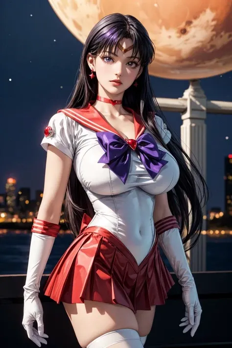 (ultra realistic,32k, masterpiece:1.2),(high detailed skin:1.1),( high quality:1.1),
<lora:EPsmSailorMars:0.8>EPsmSailorMars,1girl, solo,bishoujo senshi sailor moon Mars-08:0.7>,(purple eyes:0.7), purple hair, very long hair, bow, bowtie, purple bow, purple bowtie, breasts, brooch, choker, elbow gloves, gem, gloves, heart, heart brooch,jewelry,red bow, red choker, red gemstone, red sailor collar, shirt, short sleeves, star (symbol), star choker, white gloves, white leotard, white shirt,leotard, miniskirt, pleated skirt, red skirt, thighhighs,(looking at viewer, Bend forward:1.1),, (huge breast, large breast:1.4),<lora:add_detail:0.97>,
(iridescence:1.1),energy shielded mega-city, force fields, impenetrable defense, fortified civilization,  (mars:1.1), blurry background,