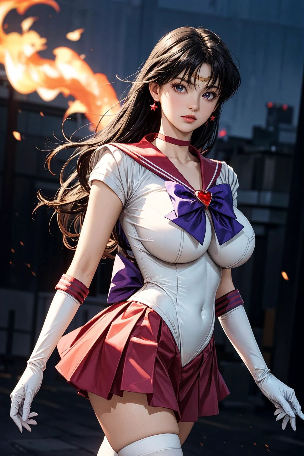 (ultra realistic,32k, masterpiece:1.2),(high detailed skin:1.1),( high quality:1.1),
<lora:EPsmSailorMars:0.8>EPsmSailorMars,1girl, solo,bishoujo senshi sailor moon Mars-08:1.0>,(purple eyes:0.7), purple hair, very long hair, bow, bowtie, purple bow, purple bowtie, breasts, brooch, choker, elbow gloves, gem, gloves, heart, heart brooch,jewelry,red bow, red choker, red gemstone, red sailor collar, shirt, short sleeves, star (symbol), star choker, white gloves, white leotard, white shirt,leotard, miniskirt, pleated skirt, red skirt, thighhighs,(looking at viewer, standing,:1.1),, (huge breast, large breast:1.2),<lora:add_detail:0.87>,
(iridescence:1.1),Hellfire celestial spire, reaching skies, ethereal energies, gateway to the heavens, fire pillar, blurry background, outside