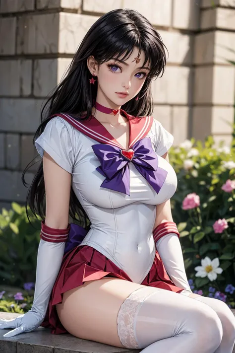 (ultra realistic,32k, masterpiece:1.2),(high detailed skin:1.1),( high quality:1.1),
<lora:EPsmSailorMars:0.8>EPsmSailorMars,1girl, solo,bishoujo senshi sailor moon Mars-08:1.0>,(purple eyes:0.9), purple hair, very long hair, bow, bowtie, purple bow, purple bowtie, breasts, brooch, choker, elbow gloves, gem, gloves, heart, heart brooch,jewelry,red bow, red choker, red gemstone, red sailor collar, shirt, short sleeves, star (symbol), star choker, white gloves, white leotard, white shirt,leotard, miniskirt, pleated skirt, red skirt, thighhighs,(looking at viewer, sitting:1.1),, (huge breast, large breast:1.1),<lora:add_detail:0.78>,
(dense light rays:1.1), outside ,castle garden,flower garden, flowers,  blurry background,