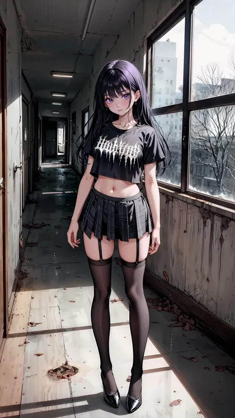 a full body shot of a girl, a haunted, abandoned school, with shattered windows and eerie whispers in the halls
BREAK
1girl, solo, standing, facing viewer, (art by Naoko Takeuchi), perfect lighting and textures, perfect surface refraction and dispersion, ultrarealistic materials and hair, masterpiece, 8k, HDR, best quality, absurdres, <lora:add_detail:0.3>
BREAK
<lora:EPsmSailorMars:1>, EPsmSailorMars, purple eyes, side-pout, (long hair)
BREAK
exposed arms and hands, black shirt, (print on shirt:1.2), (black metal print shirt:1.4), <lora:DeathMetal:1>, (underboob:1.2), navel, midriff, (grey plaid tartan pleated skirt)
BREAK
garter straps, zettai ryouiki
BREAK
black thighhighs, black high-heels