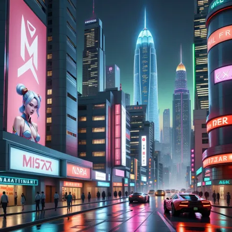 A photorealistic depiction of a sprawling Cyberpunk cityscape at night, filled with towering skyscrapers, neon lights, and holographic billboards. The architecture should be futuristic, with a mix of high-tech and grunge elements. In the foreground, include a Geisha robot that embodies the Cyberpunk aesthetic. She should have visible robotic features like mechanical joints and LED facial markings, yet maintain the elegance and grace associated with traditional Geishas. She should be dressed in a futuristic version of a Geisha's kimono, adorned with digital patterns or neon accents. The lighting should highlight the neon and metallic elements of the scene, casting dramatic shadows and reflections. The perspective should be such that both the Geisha robot and the cityscape are prominently featured , <lora:cbcity2:0.45>