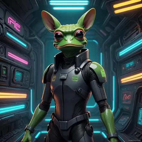 Create a digital artwork of Pepe Frog in a Cyberpunk setting. Pepe should be anthropomorphized, standing on two legs and wearing futuristic attire complete with neon accents, cybernetic implants, and high-tech accessories. The background should be a bustling Cyberpunk cityscape, filled with neon signs, towering skyscrapers, and flying vehicles. Pepe's expression should be one of cool confidence, embodying the rebellious spirit of the Cyberpunk genre. The color palette should be rich and vibrant, with a focus on neon blues, pinks, and purples. The artwork should be highly detailed, capturing the intricate designs of Pepe's outfit and the complexity of the Cyberpunk world around him <lora:cbcity:0.25>
