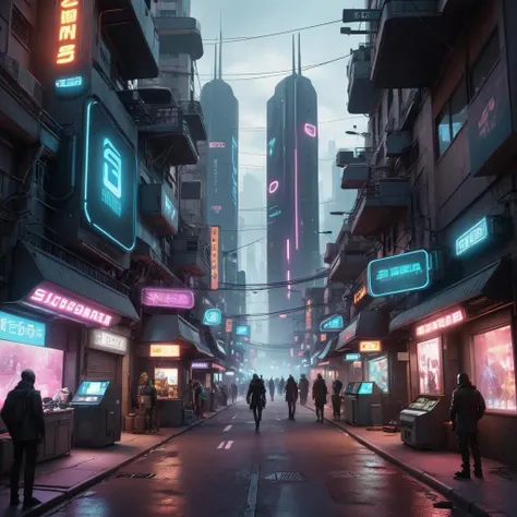 Create a photorealistic image of a high-tech city street imbued with Cyberpunk aesthetics. The street should be bustling with activity and filled with futuristic vehicles, neon signs, and holographic advertisements. Architectural elements should include towering skyscrapers with irregular shapes, skybridges, and multi-level walkways. The ground level should feature shops with neon storefronts, street vendors selling futuristic gadgets, and pedestrians dressed in Cyberpunk fashion. The atmosphere should be dense with smog and illuminated by the glow of neon lights and digital billboards. The perspective should be from a pedestrian's eye level, capturing the vibrancy and complexity of the street life <lora:cbcity2:0.45>