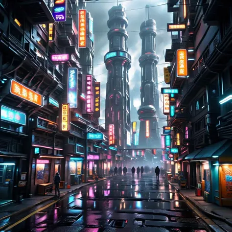 Create a photorealistic image of a high-tech city street imbued with Cyberpunk aesthetics. The street should be bustling with activity and filled with futuristic vehicles, neon signs, and holographic advertisements. Architectural elements should include towering skyscrapers with irregular shapes, skybridges, and multi-level walkways. The ground level should feature shops with neon storefronts, street vendors selling futuristic gadgets, and pedestrians dressed in Cyberpunk fashion. The atmosphere should be dense with smog and illuminated by the glow of neon lights and digital billboards. The perspective should be from a pedestrian's eye level, capturing the vibrancy and complexity of the street life , <lora:cbcity:0.8> ,cybercity