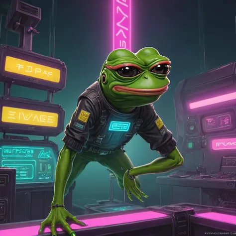 Create a digital artwork of Pepe Frog in a Cyberpunk setting. Pepe should be anthropomorphized, standing on two legs and wearing futuristic attire complete with neon accents, cybernetic implants, and high-tech accessories. The background should be a bustling Cyberpunk cityscape, filled with neon signs, towering skyscrapers, and flying vehicles. Pepe's expression should be one of cool confidence, embodying the rebellious spirit of the Cyberpunk genre. The color palette should be rich and vibrant, with a focus on neon blues, pinks, and purples. The artwork should be highly detailed, capturing the intricate designs of Pepe's outfit and the complexity of the Cyberpunk world around him <lora:pepe_frog SDXL:0.9>,<lora:cbcity:0.25>