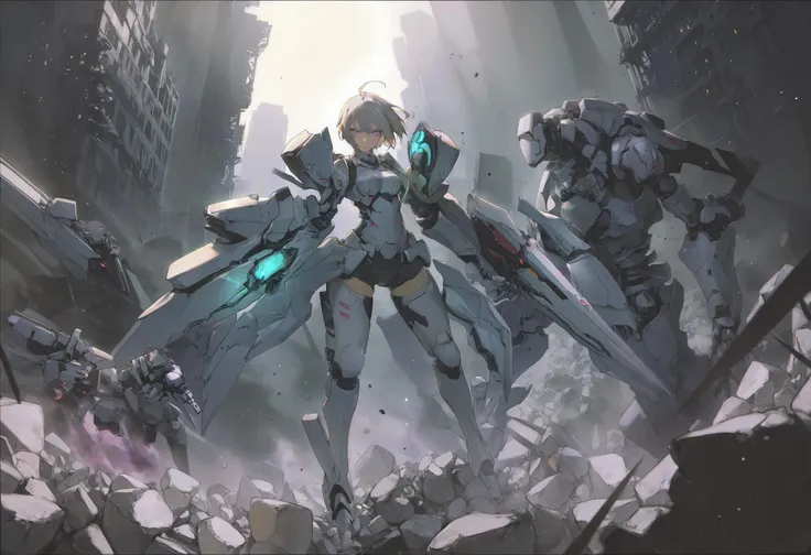 by maimuro, by rella, by_whoisshe, by StanisÅaw Lem,
super fine concept art, inventive character and mecha designs, tnstyle,
[mecha:1girl:0.3], mecha musume, mechanical arms, mechanical legs, Tactical soldiers, beautiful mechanics, hard surface, armor, elaborately designed amor, glowing armor, turret walker,
detailed beautiful face and eyes, detailed long hair, medium breast, serious face,
grabbing a sword,
fighting stance,
city, rubble ruins, highly detailed background,
cinematic angle,
beautiful, ultra detailed, extremely detailed CG, unreal engine, beautiful color,  colorful minimalism, sharp image quality, crisp detail, crisp edges, fine texture, detailed rendering,
in the style of futuristic cyberpunk, hyper-realistic mechanical illustrations, majestic composition,  textured illustrations, staining,  high contrast,
masterpiece, (amazing quality:1.5), best quality, high resolution, 4K, 8K, UHD, 
<lora:Rella:0.2>, <lora:Tsutomu_Nihei_OaN_Style:0.65>, <lora:add-detail-xl:1>,  <lora:artfullyinsect_-_v1:0.3>, <lora:IOS_Iridescent_opal_style:0.6>