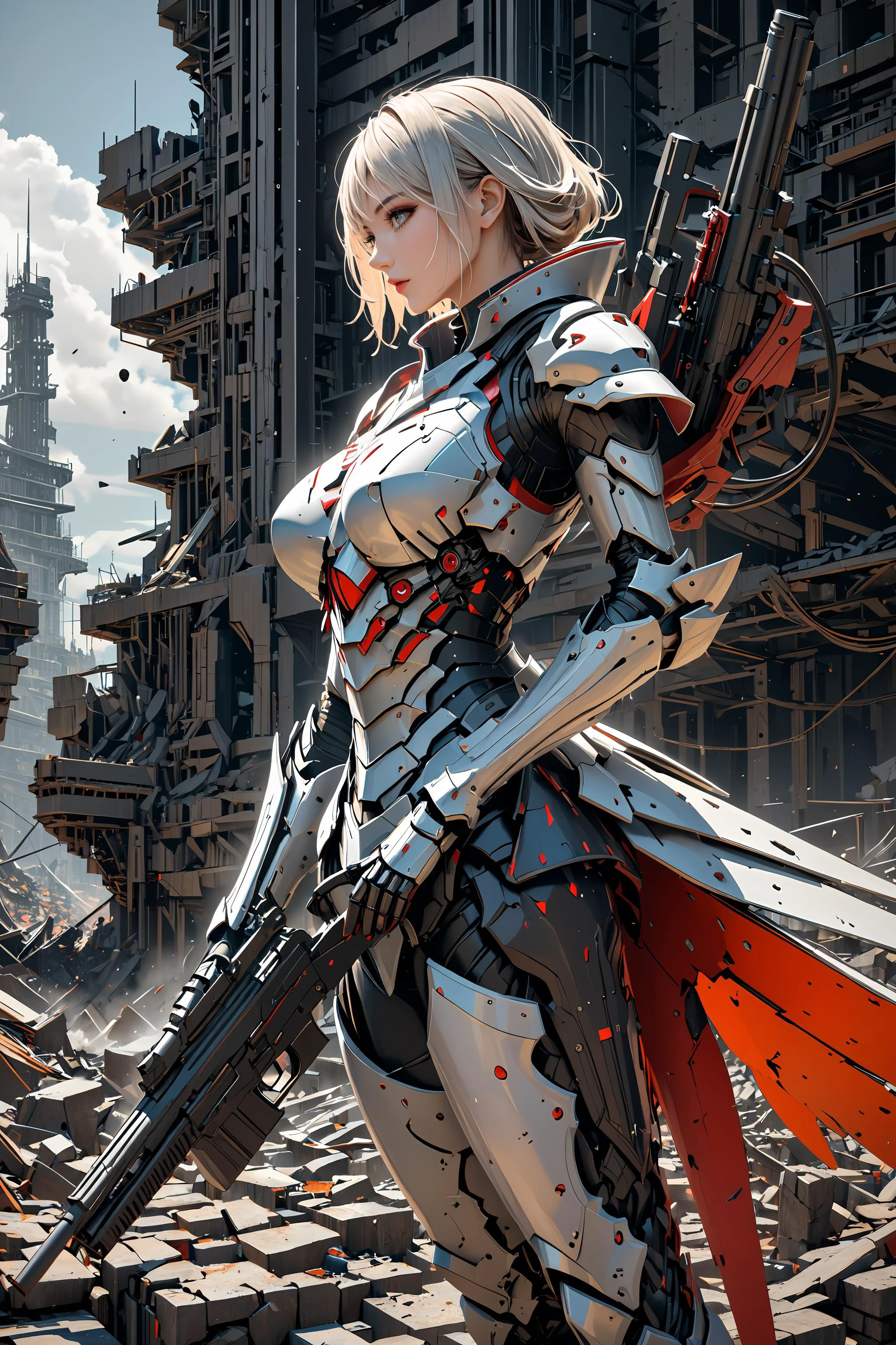 masterpiece, amazing quality, best quality, highres, 4K, 8K, UHD,
1girl, solo, detailed beautiful face and eyes, armor dress, designed by Aaron Beck, RBW-XL, elaborately armor, glowing armor, beautiful mechanics, hard surface,
perspective from above,
aiming at viewer, gun,
megastructure, rubble ruins, highly detailed background,
aesthetic, elegance, beautiful, ultra detailed, extremely detailed, intricate details, beautiful color, colorful minimalism, rendered in ultra-detailed 8k resolution using Unreal Engine, sharp image quality, crisp detail, crisp edges, fine texture, detailed rendering, hyper-realistic illustrations, majestic composition, textured mechanics illustrations, staining, high contrast, abstract mechanics,
tnstyle, <lora:Tsutomu_Nihei_OaN_Style:0.35>, <lora:artfullyinsect_-_v1:0.3>,