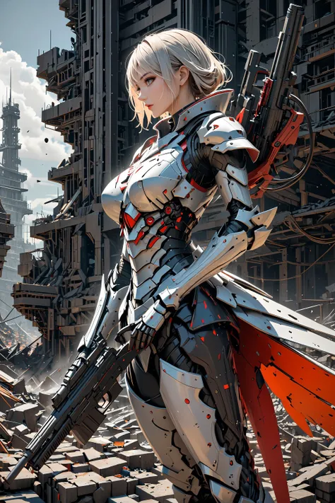 masterpiece, amazing quality, best quality, highres, 4K, 8K, UHD,
1girl, solo, detailed beautiful face and eyes, armor dress,  designed by Aaron Beck, RBW-XL, elaborately armor, glowing armor, beautiful mechanics, hard surface, 
perspective from above, 
aiming at viewer, gun,
megastructure, rubble ruins, highly detailed background, 
aesthetic, elegance, beautiful, ultra detailed, extremely detailed, intricate details, beautiful color,  colorful minimalism, rendered in ultra-detailed 8k resolution using Unreal Engine, sharp image quality, crisp detail, crisp edges, fine texture, detailed rendering, hyper-realistic illustrations, majestic composition,  textured mechanics illustrations, staining, high contrast, abstract mechanics, 
tnstyle, <lora:Tsutomu_Nihei_OaN_Style:0.35>,  <lora:artfullyinsect_-_v1:0.3>,