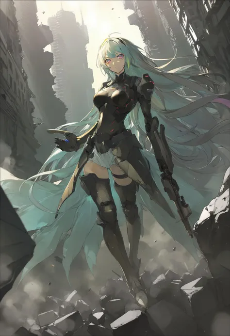 by maimuro, by rella, by_rielilu, by Masami Obari,
super fine concept art, inventive character and mecha designs, tnstyle,
[mecha:1girl:0.3], mecha musume, mechanical arms, mechanical legs, Tactical soldiers, beautiful mechanics, hard surface, armor, elaborately designed amor, glowing armor, turret walker,
detailed beautiful face and eyes, detailed long hair, medium breast, serious face,
holding a submachine gun,
kung fu pose,
city, rubble ruins, highly detailed background,
cinematic angle,
beautiful, ultra detailed, extremely detailed CG, unreal engine, beautiful color,  colorful minimalism, sharp image quality, crisp detail, crisp edges, fine texture, detailed rendering,
in the style of futuristic cyberpunk, hyper-realistic mechanical illustrations, majestic composition,  textured illustrations, staining,  high contrast,
masterpiece, (amazing quality:1.5), best quality, high resolution, 4K, 8K, UHD, 
<lora:Rella:0.2>, <lora:Tsutomu_Nihei_OaN_Style:0.65>, <lora:add-detail-xl:1>,  <lora:artfullyinsect_-_v1:0.3>, <lora:IOS_Iridescent_opal_style:0.6>