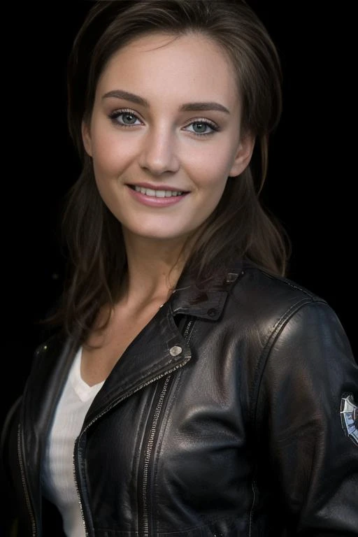 (8k, masterpiece, best quality, solo, sfw), ((Ashley Spring)), (portrait, leather jacket), looking at camera, eyelines, eyeshadows, smile, dark background, <lora:Ashley_Spring_v1:0.95>