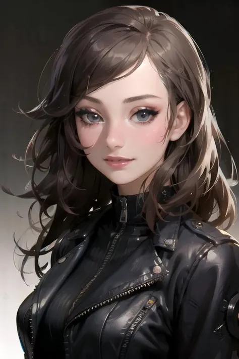 gigantic breast, big cleavage,arafed beautiful woman in a leather jacket posing for a picture, black wavy hair with bangs, bangs and wavy hair, with bangs, her hair is natural disheveled, profile shot, hair whitebangs hair, hair blackbangs hair, curly bangs, black hair and white bangs, she has black hair with bangs, profile image, curtain bangs, black bangs