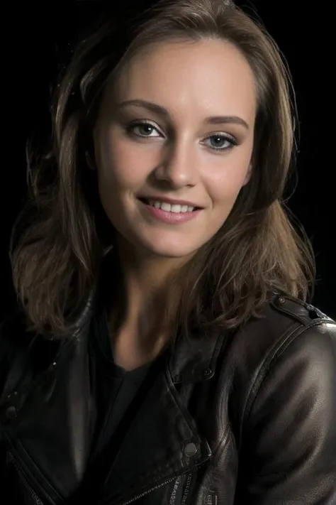 (8k, masterpiece, best quality, solo, sfw), ((Ashley Spring)), (portrait, leather jacket), looking at camera, eyelines, eyeshadows, smile, dark background, <lora:Ashley_Spring_v1:0.95>