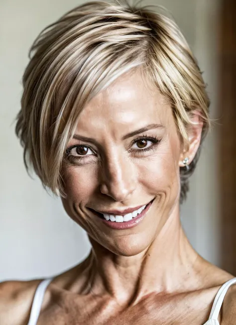High detail RAW color Photo of gorgeous sks woman, smile, fit, toned, sexy look, high detail hair, (skin pores, skin imperfections), sharp body, highly detailed body, highly detailed face, sharp focus, 8k high definition, insanely detailed, intricate, masterpiece, highest quality, <lora:locon_nanavisitor_v1_from_v1_64_32:1.25>