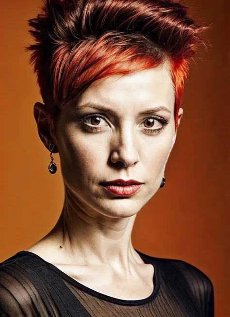 portrait of sks woman by Flora Borsi, style by Flora Borsi, bold, bright colours, orange Mohawk haircut, ((Flora Borsi)), <lora:locon_nanavisitor_v1_from_v1_64_32:1>