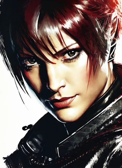 illustration of sks woman as thief in leather armor, smirk, beautiful detailed eyes, cinematic, drawn by Greg Rutkowski, Yoji Shinkawa:0.6, vibrant colors, <lora:locon_nanavisitor_v1_from_v1_64_32:1.25>