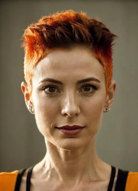 portrait of sks woman by Flora Borsi, style by Flora Borsi, bold, bright colours, orange Mohawk haircut, ((Flora Borsi)), <lora:locon_nanavisitor_v1_from_v1_64_32:1.25>