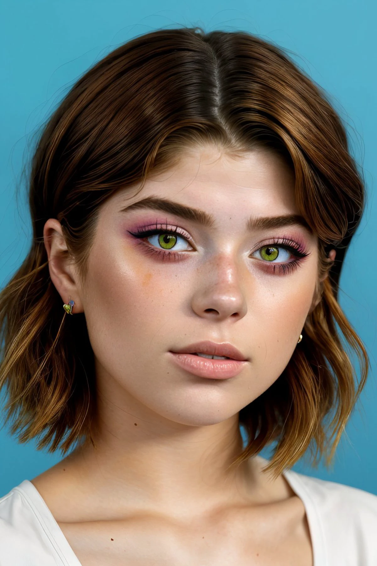 gouache painting, vibrant, opaque, texture, highly detailed <lora:HannahStein_v1:.9> HannahStein wearing cat eye makeup, focus on eyes, close up on face, hair styled wavy bob hair