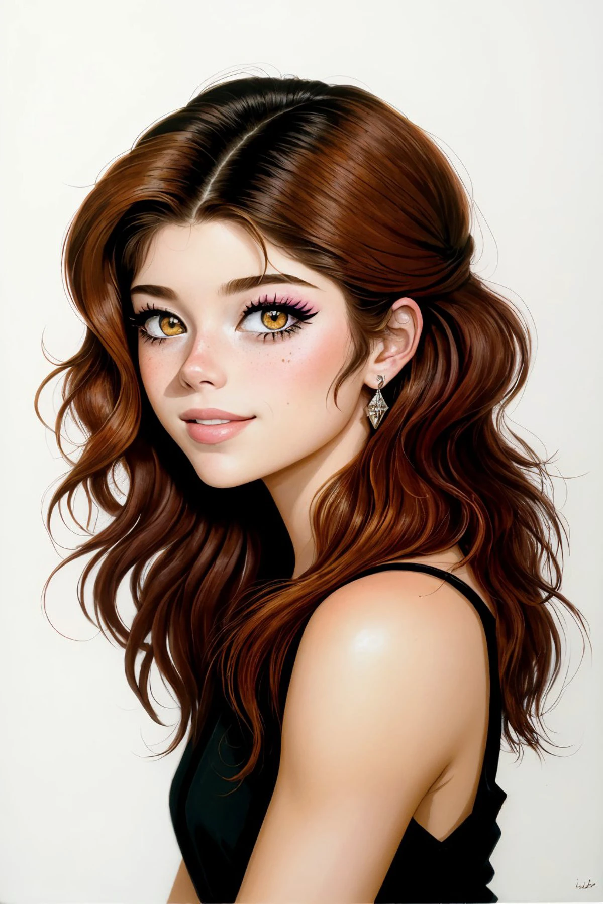 gouache painting, vibrant, opaque, texture, highly detailed (eye level, headshot:1.2) <lora:HannahStein_v1:.9> HannahStein wearing cat eye makeup, smiling, she is wearing tabi, her hair is styled as wavy shag hair, BREAK she is (in the cellar:1.1), low key lighting, (Ilford HP5 Plus:1.6) ,