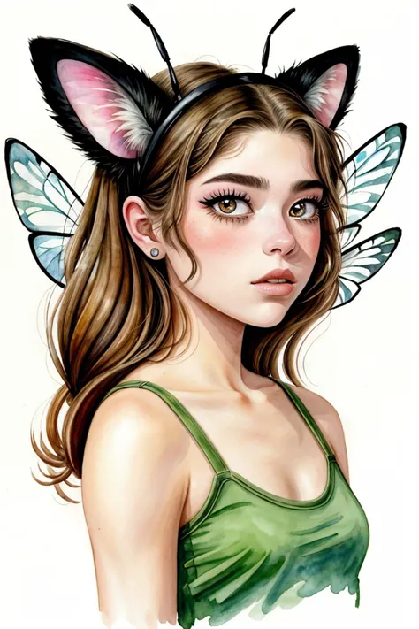 an extremely detailed, intricate watercolor painting of <lora:HannahStein_v1:.9> HannahStein wearing cat eye makeup with ant antenna on her head, she has multifaceted eyes, she has insect wings for ears