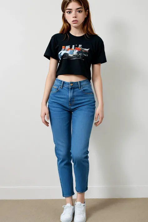 (full body shot:1.4), <lora:HannahStein_v1:.9> HannahStein wearing a t-shirt and jeans