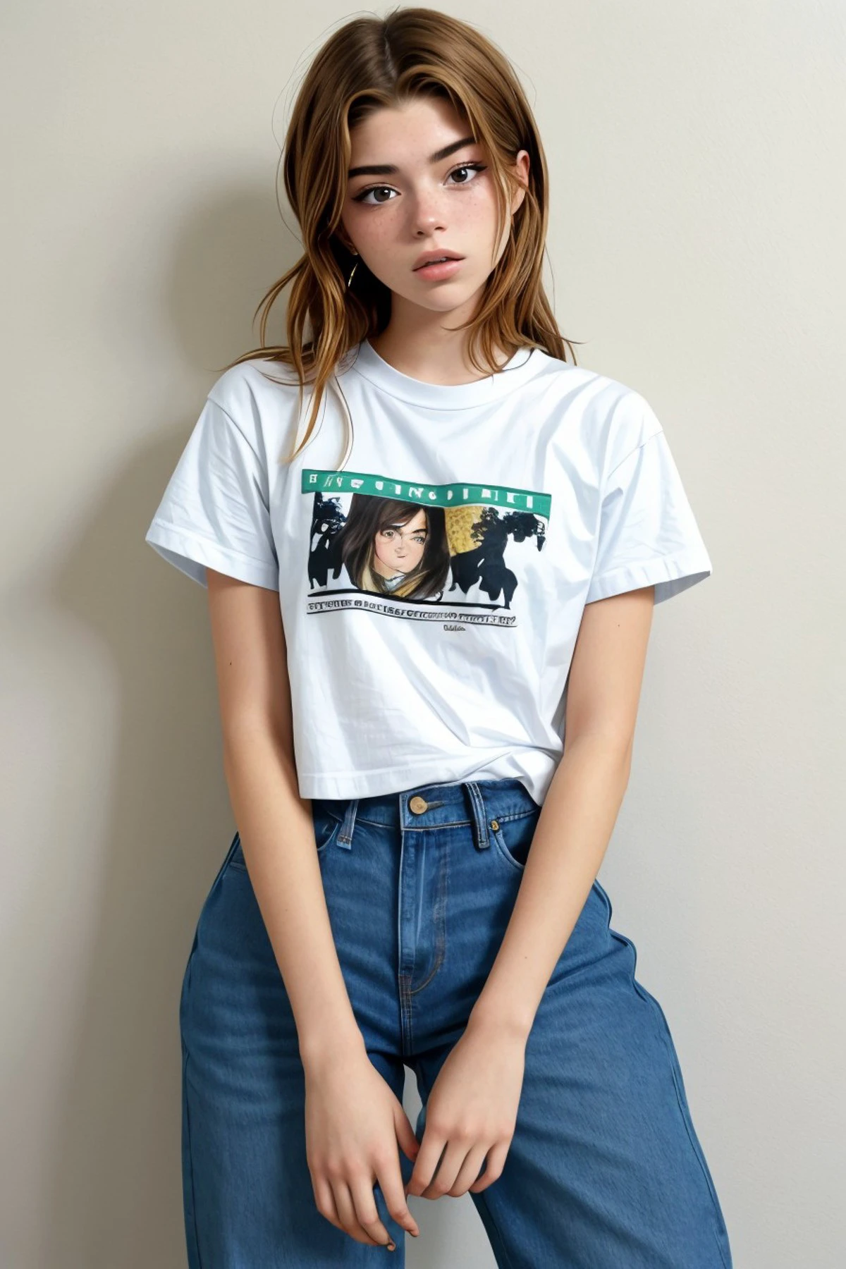 (medium shot:1.4), <lora:HannahStein_v1:.9> HannahStein wearing a t-shirt and jeans