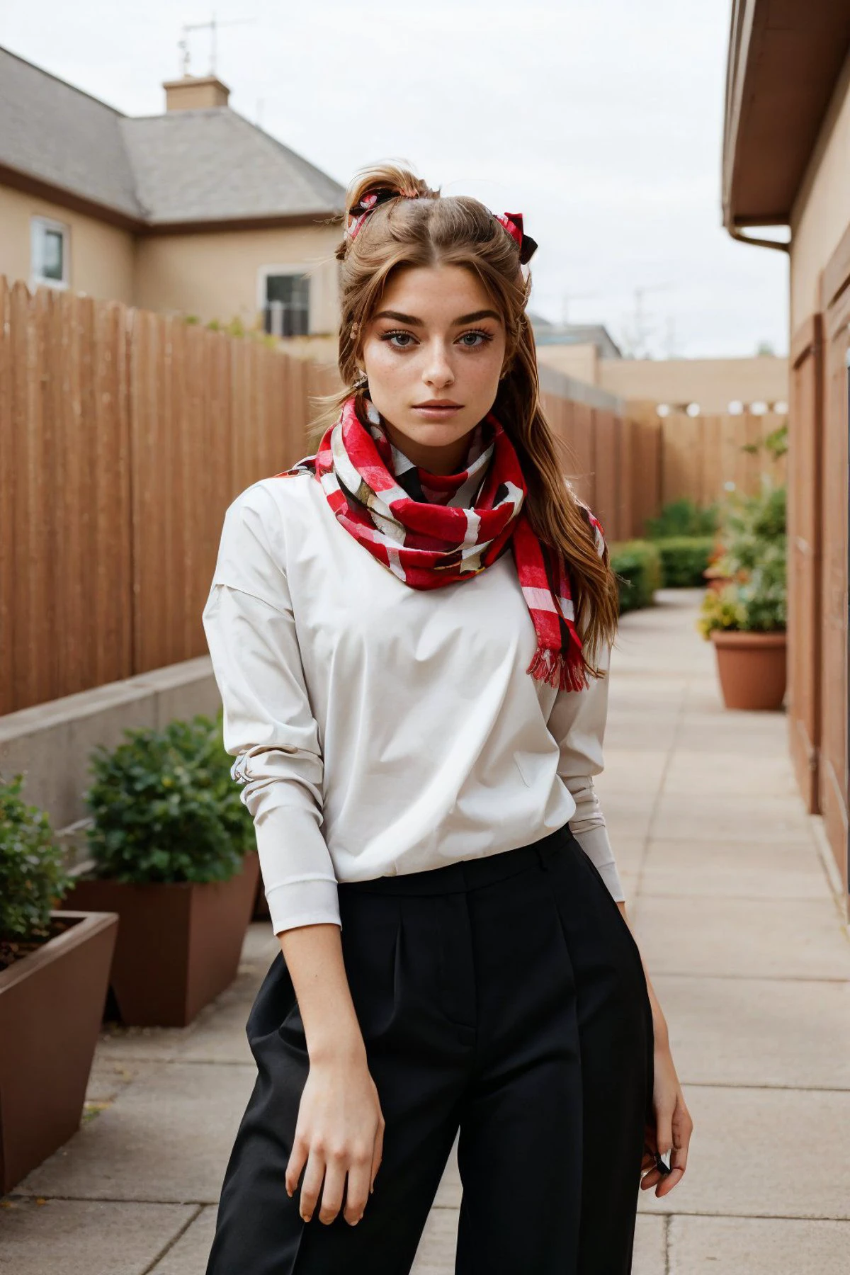 ASCII(eye level, upper body:1.2) photo of <lora:hannahstein_v1:.9> HannahStein,
she is wearing lowleg pants and argyle striped shirt
,
her hair is styled as wrapped ponytail,
she is wearing scarf,
BREAK she is (in the courtyard:1.1),
creative shadow play,