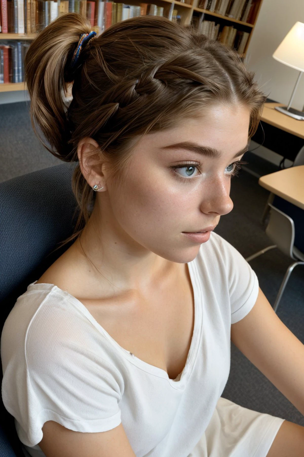 ASCII(high angle, close up on face:1.2) photo of <lora:hannahstein_v1:.9> HannahStein,
she is wearing sarashi
,
her hair is styled as Dutch braid ponytail,
she is wearing wrist scrunchie,
BREAK she is (sitting in a comfy chair at the library:1.1),
dramatic rim lighting,