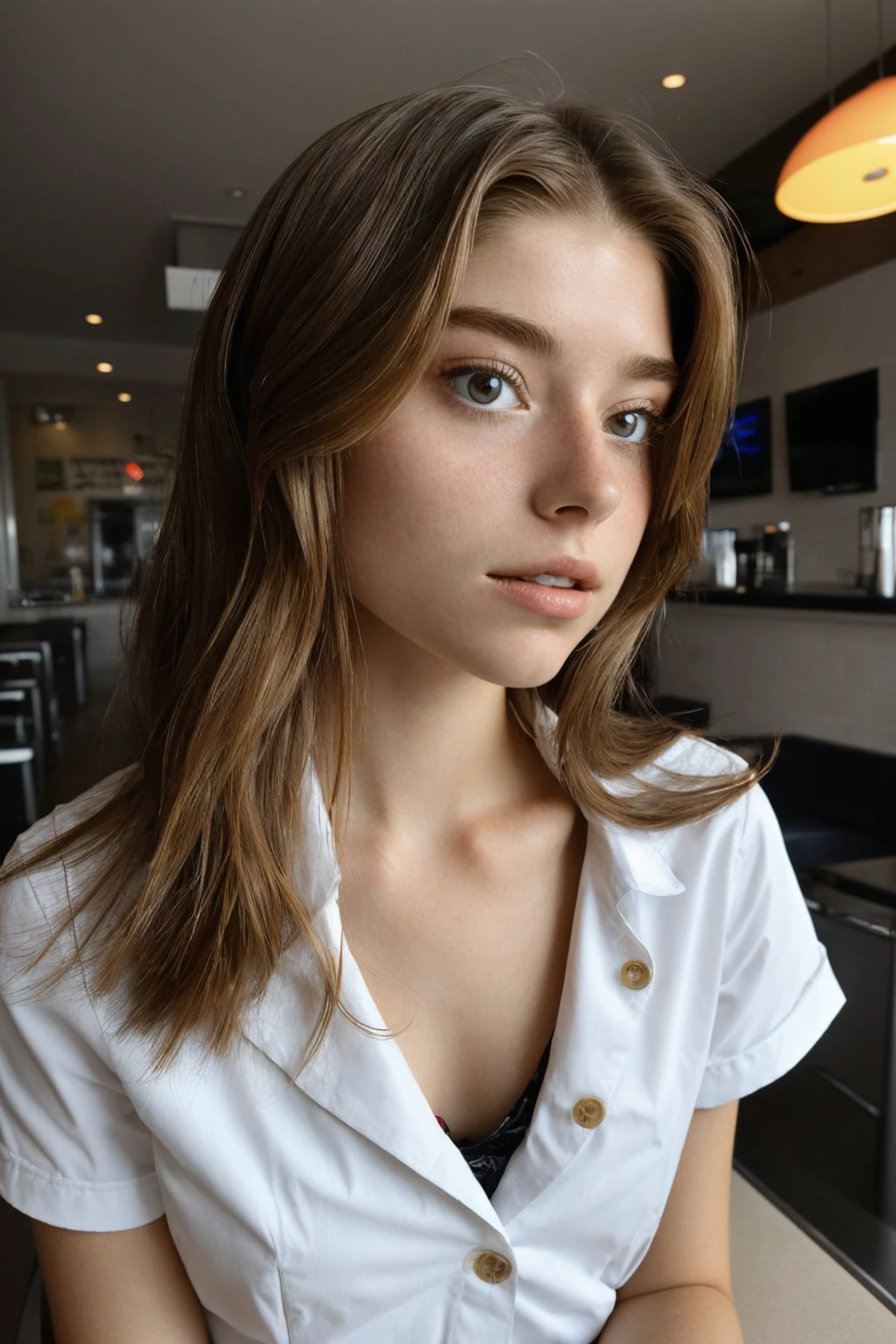 ASCII(shot from a Dutch angle, upper body:1.2) photo of <lora:hannahstein_v1:.9> HannahStein,
she is wearing tabi
,
her hair is styled as Straight Pin-Straight Hair,
she is wearing large buttons,
BREAK she is (working at a fast food restaurant:1.1),
chiaroscuro,