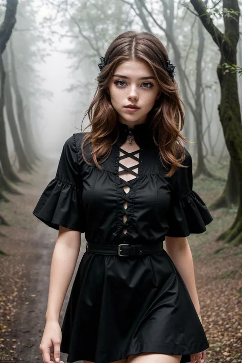 photo of cute sexy beautiful HannahStein <lora:HannahStein_v1:0.9>, (freckles), (((walking in foggy misty woods))), modelshoot style, (extremely detailed CG unity 8k wallpaper), photo of the most beautiful artwork in the world, professional majestic (photography by Steve McCurry), 8k uhd, dslr, soft lighting, high quality, (film_grain:1.2), (bokeh, blurry foreground, blurry background), Fujifilm XT3 sharp focus, f 5.6, High Detail, Sharp focus, dramatic, (((wearing black_gothic_dress))), (looking at viewer:1.2), (detailed pupils:1.3), (natural light), (((medium-long shot:1.3)))