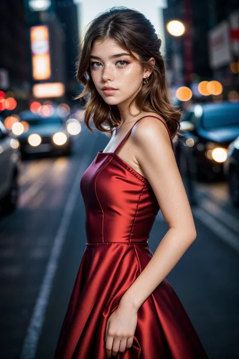 photo of cute sexy beautiful HannahStein (freckles), (((walking in new york at night))), (((night:1.3))), modelshoot style, (extremely detailed CG unity 8k wallpaper), photo of the most beautiful artwork in the world, professional majestic (photography by Steve McCurry), 8k uhd, dslr, soft lighting, high quality, (film_grain:1.2), (bokeh, blurry foreground, blurry background), Fujifilm XT3 sharp focus, f 5.6, High Detail, Sharp focus, dramatic, (grey eyes), (seductive_smile:0.7), (((wearing dark_red_dress))), (looking at viewer:1.2), (detailed pupils:1.3), (natural light), (((medium-long shot:1.3)))